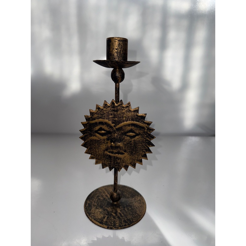 Vintage Celestial Sun Face Metal Candlestick Holder Bronze Gold Taper Stand